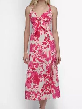 DKNY Pink Floral Tie Front Buckle Strap midi dress size 12 NEW